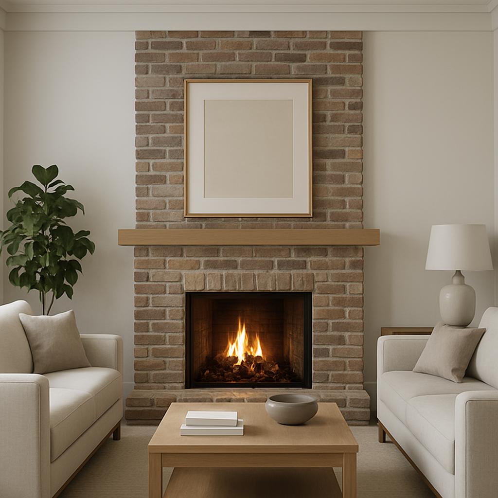 An empty fireplace set in a white room with two light-colored couches, a plant, and a lit table lamp. The fireplace is ins...