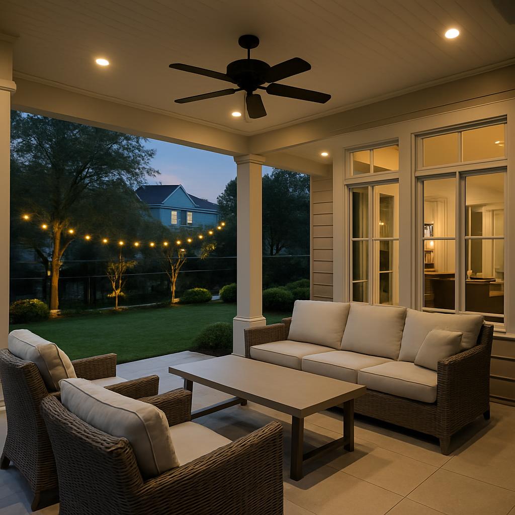 A cozy covered patio with a dark brown ceiling fan, beige sofa and wicker chairs, overlooking a backyard with a large tree...