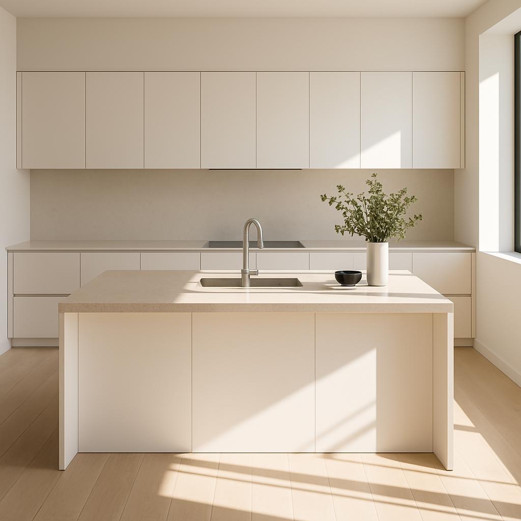 A minimalist kitchen with white cabinetry, soft sunlight, and a natural wood floor, featuring clean lines and an airy aest...